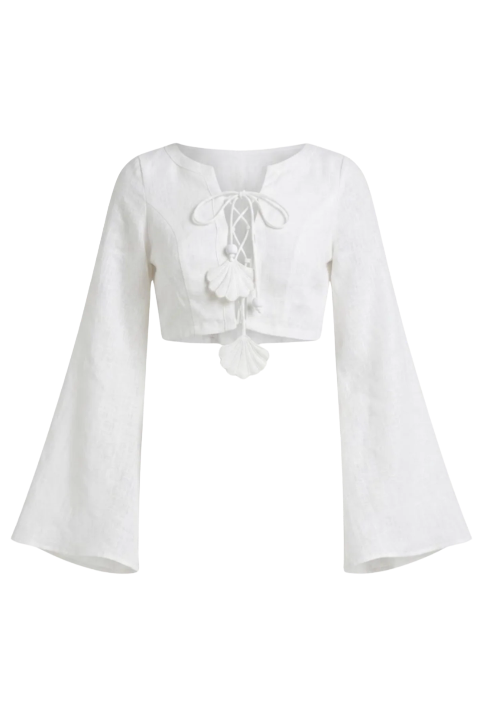 Azulu Amelia Top product shot, cropped white linen shirt with wide flared sleeves and two flower fastenings down the open front