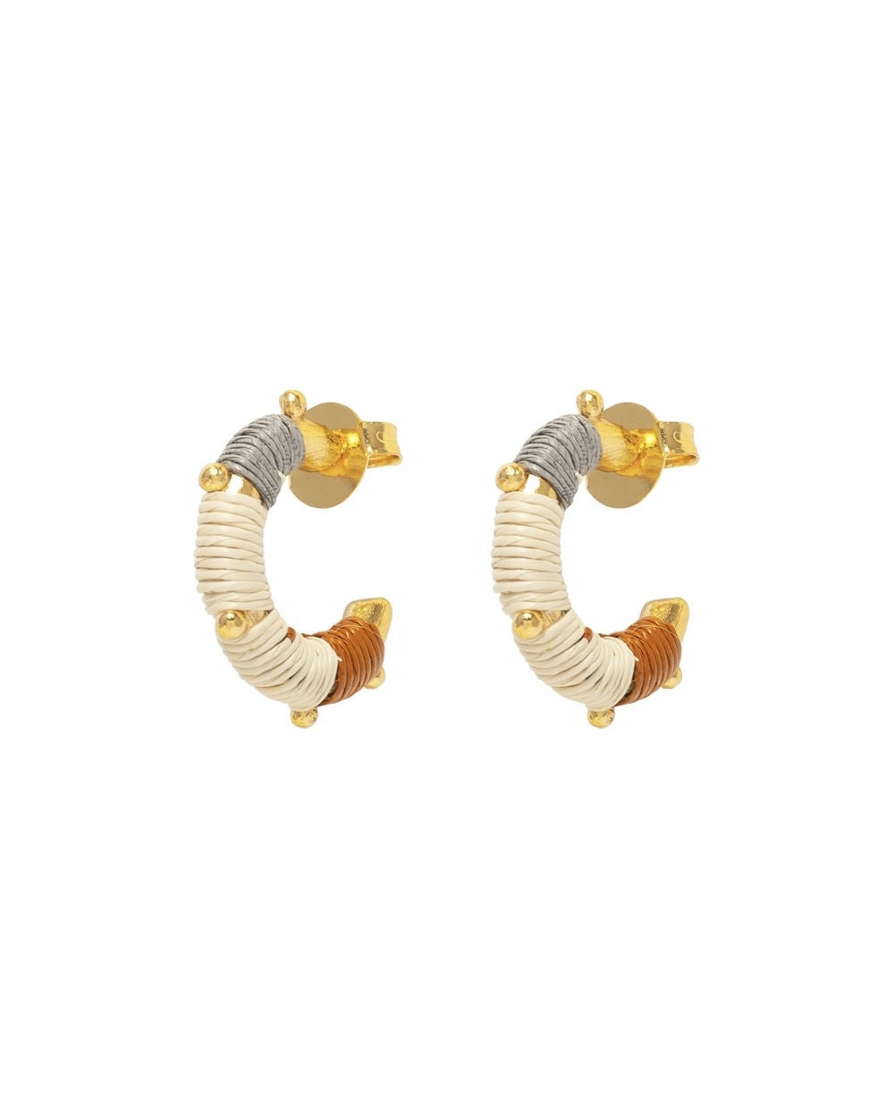 Thread-wrapped gold hoop earrings in cream and rust at Signature Edit