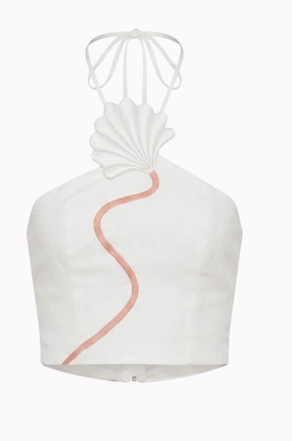 Azulu Leia Top product shot, cropped white halter with folded fan pleats at the neckline and coral piping curving down the front