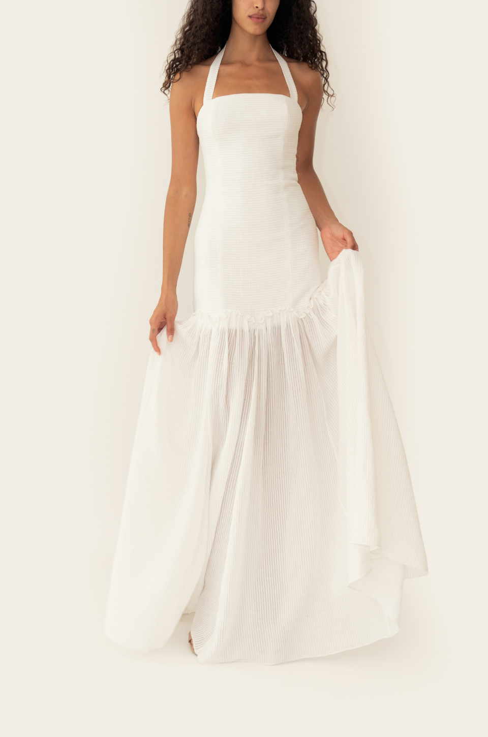 Azulu Maria Dress in white, square-neck halter maxi with full gathered skirt, front view