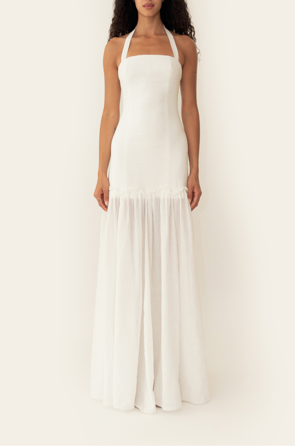 Azulu Maria Dress full-length front view, fitted bodice dropping into a floor-sweeping white skirt