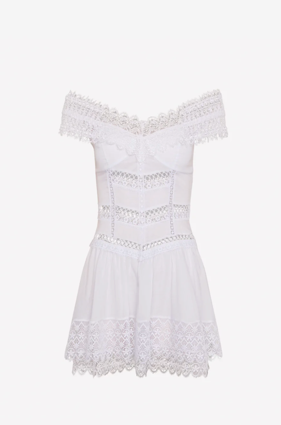 Charo Ruiz Eliana white lace off-shoulder short dress at Signature Edit