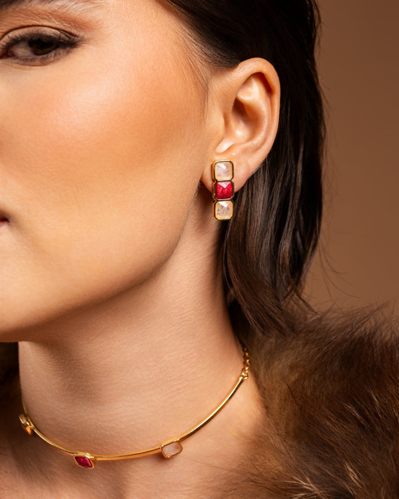 Maria Dolores gold earrings with red and mother-of-pearl stones at Signature Edit