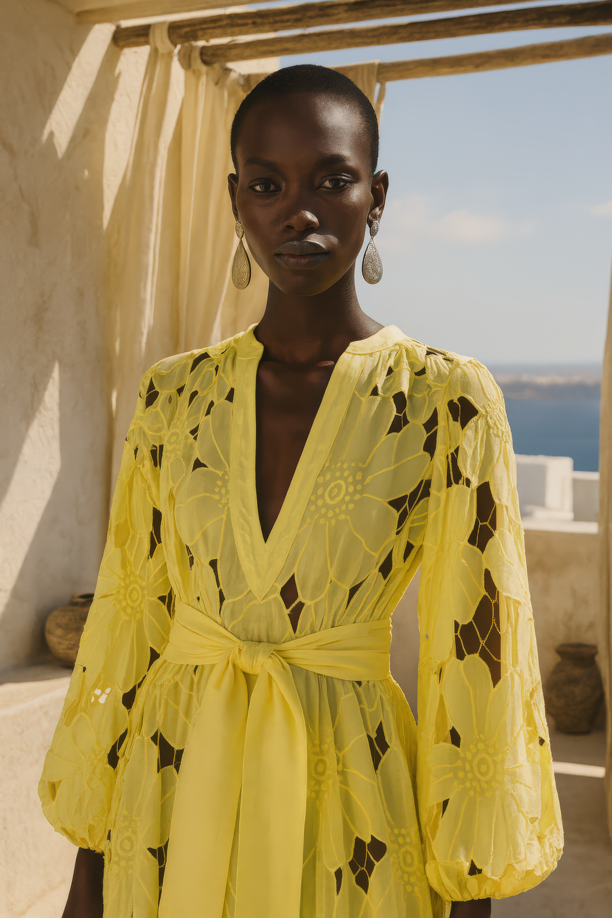 Lace The Label yellow lace cutwork long-sleeve dress at Signature Edit