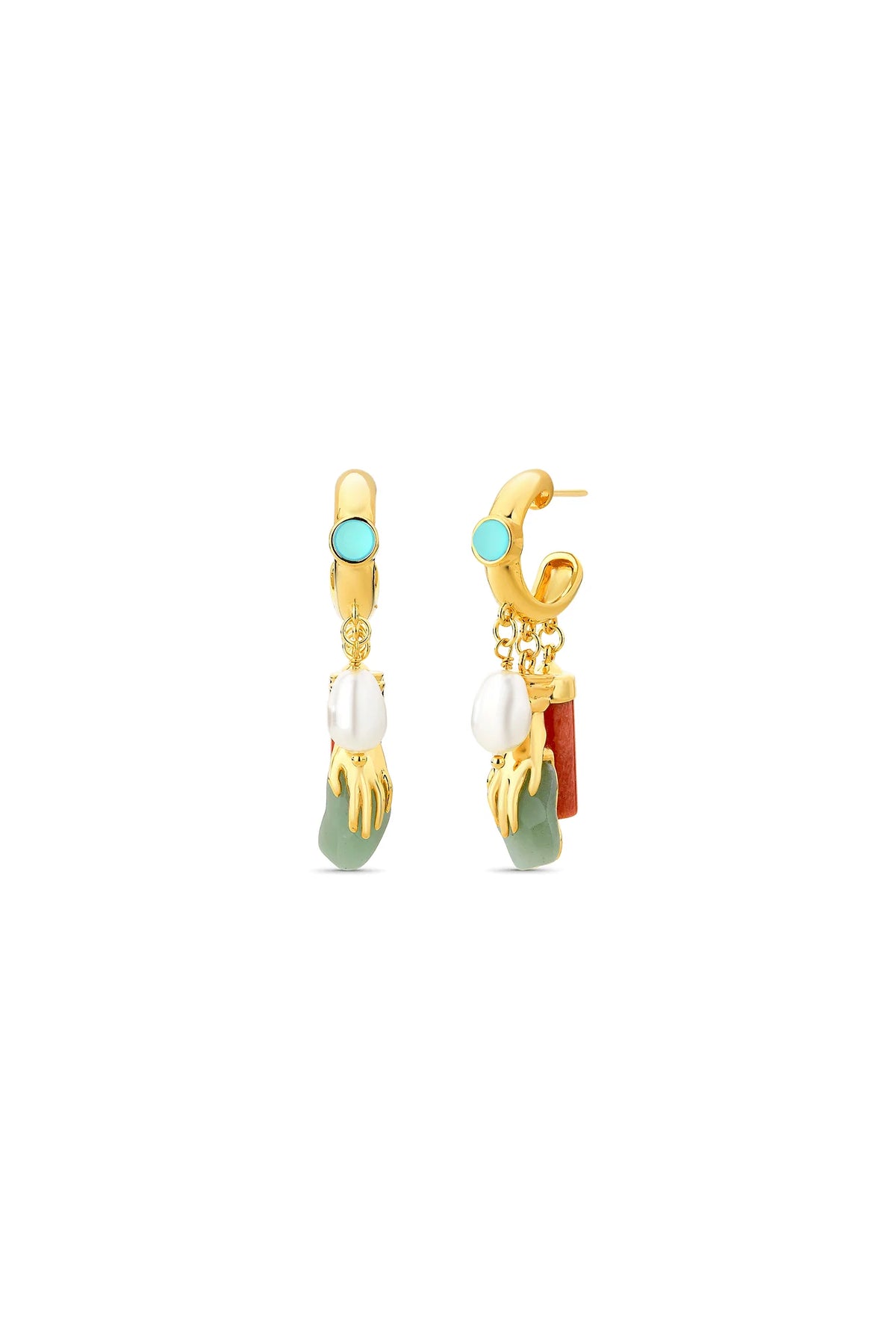 Alma green quartz, blue agate, orange feldspar and pearl gold-plated drop earrings by Maria Dolores