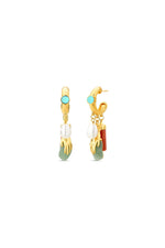 Alma green quartz, blue agate, orange feldspar and pearl gold-plated drop earrings by Maria Dolores