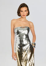 Sheeba strapless silver and gold sequin gown at Signature Edit