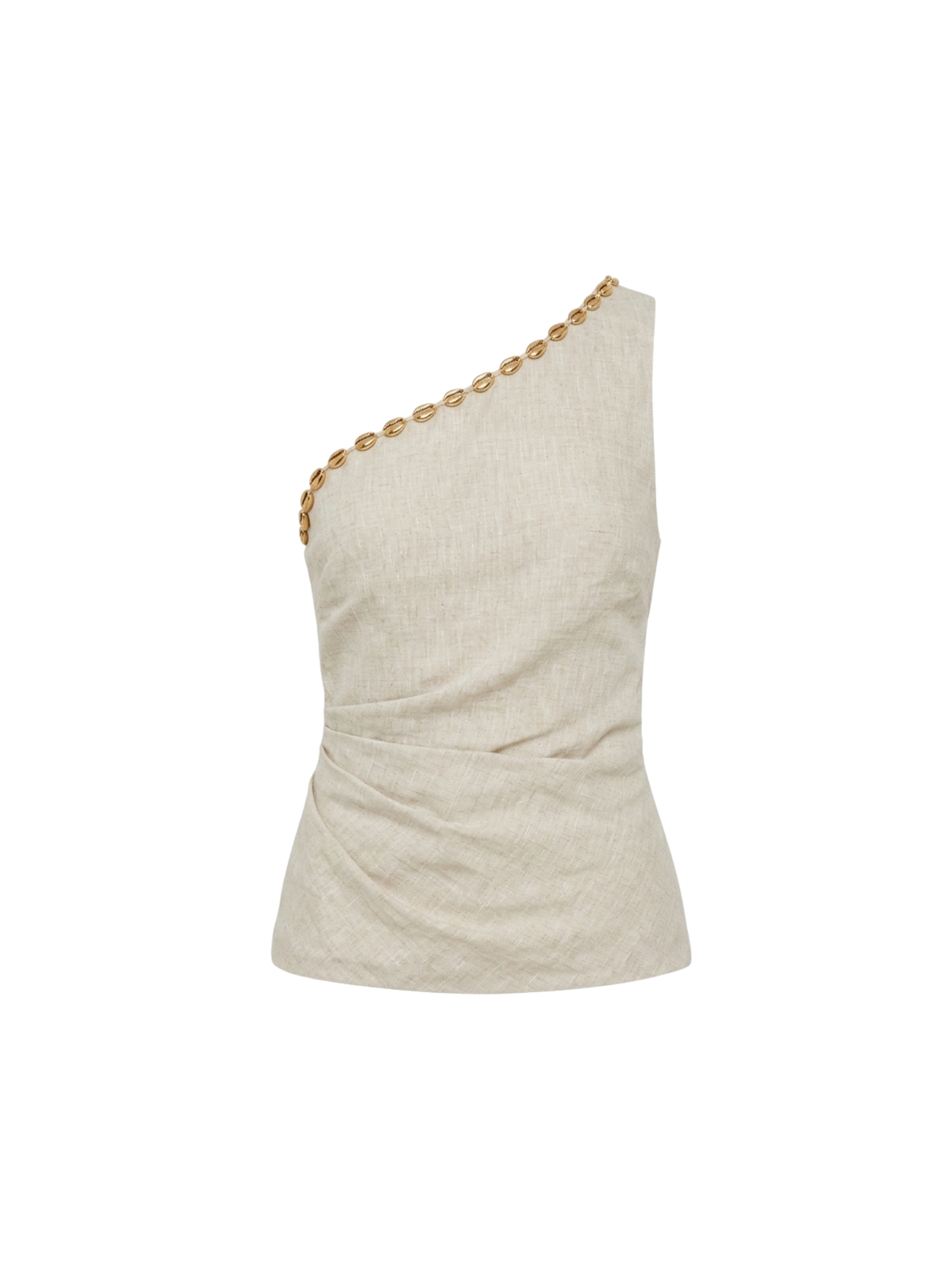 Azulu Eda Top in beige melange linen, one-shoulder tank with gold beaded chain neckline and gathered side, product shot